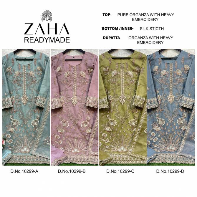 Zaha 10299 A To D Embroidery Organza Pakistani Readymade Suits Wholesale Shop In Surat